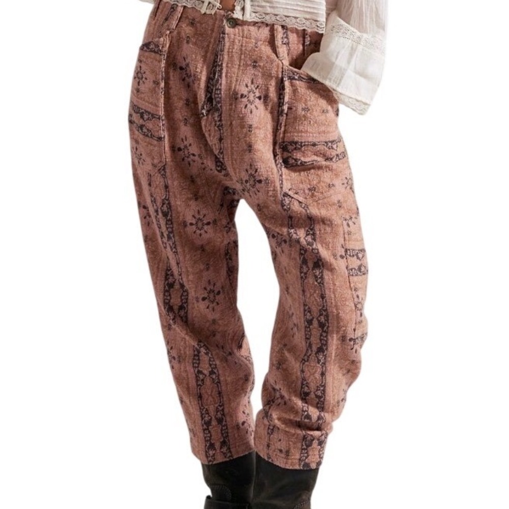 Free People Pink Boho Slouchy Harem Pants Bay to Breakers Jacquard Rose Med NWT